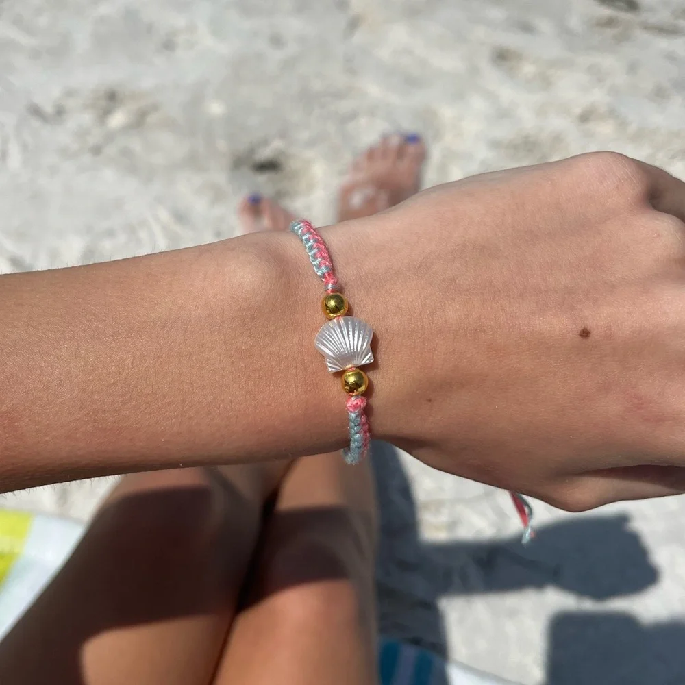 Handmade woven pink and blue zipper bracelet with pearl shell bead